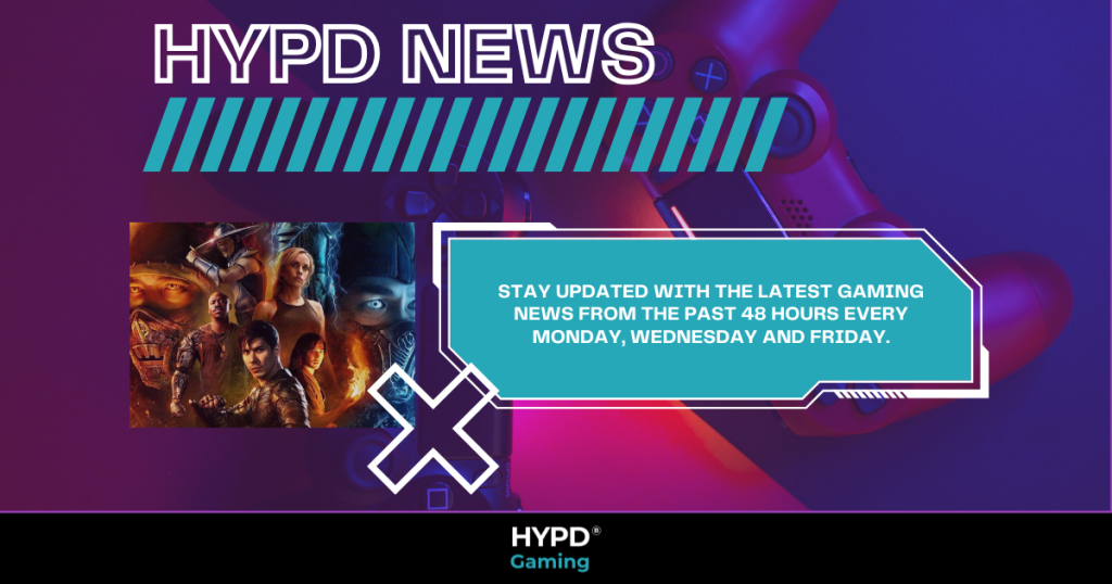 HYPD News graphic promoting the latest gaming world news from the past 48 hours with Mortal Kombat poster and PlayStation controller background