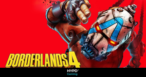 Borderlands 4 character in iconic comic-book art style with red background and bold logo