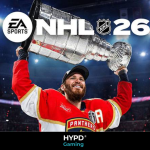 Ice hockey player lifting the Stanley Cup trophy in EA Sports NHL 26 promotional image