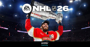 Ice hockey player lifting the Stanley Cup trophy in EA Sports NHL 26 promotional image