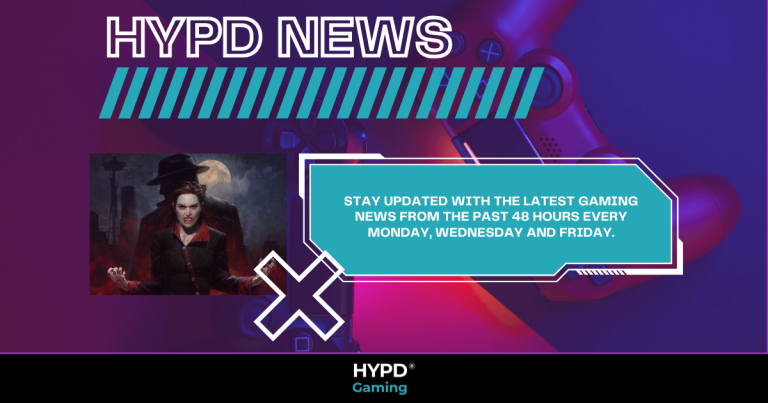 HYPD News blog cover promoting Gaming World News: Highlights from the last 48 hours with Vampire: The Masquerade artwork and controller background