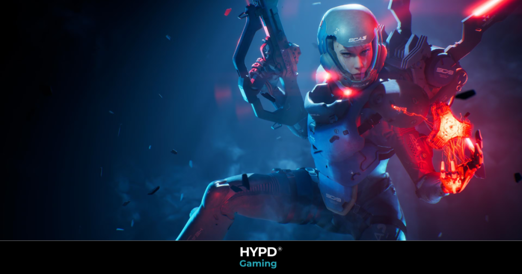 Armoured cybernetic soldier with glowing red mechanical arm and futuristic weapons from Metal Eden