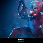 Armoured cybernetic soldier with glowing red mechanical arm and futuristic weapons from Metal Eden