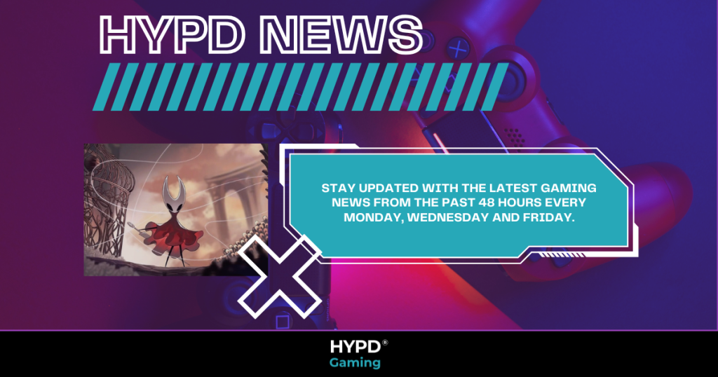 HYPD News graphic with Hollow Knight Silksong artwork, PlayStation controller, and text promoting 48-hour gaming updates