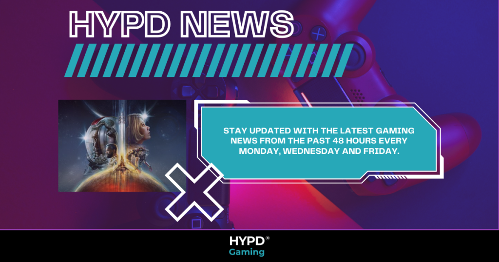 HYPD News graphic promoting gaming updates every 48 hours with Starfield artwork and a PlayStation controller background