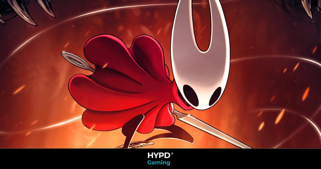 Artwork of Hornet from Hollow Knight Silksong, showcasing her needle weapon and red cloak in a dynamic battle pose