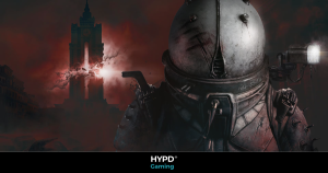 Armoured space explorer in Cronos: The New Dawn facing a ruined city tower with ominous red energy.