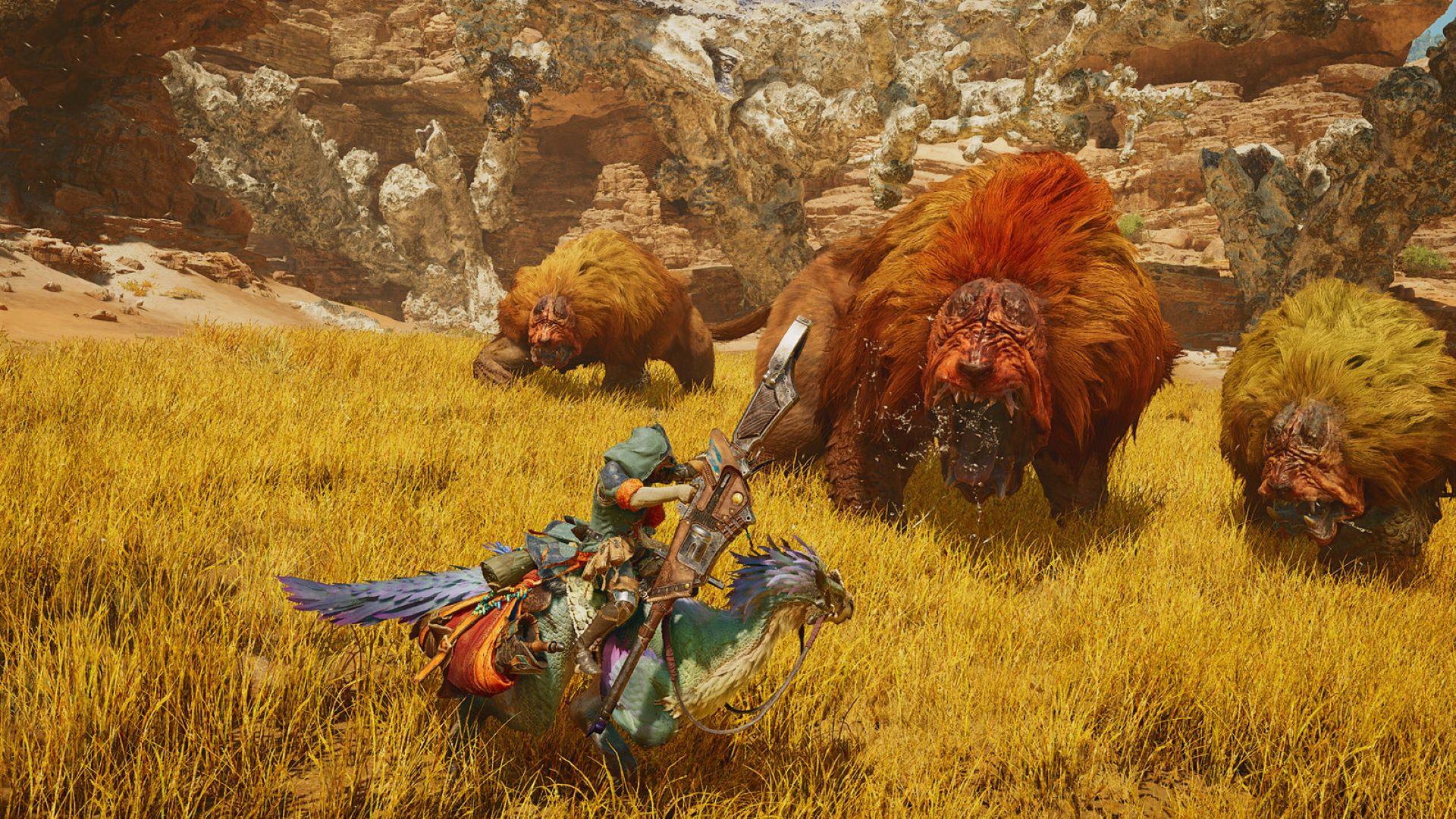 Gaming World News: Player riding a creature in Monster Hunter Wilds while facing large roaring beasts in a grassy desert environment