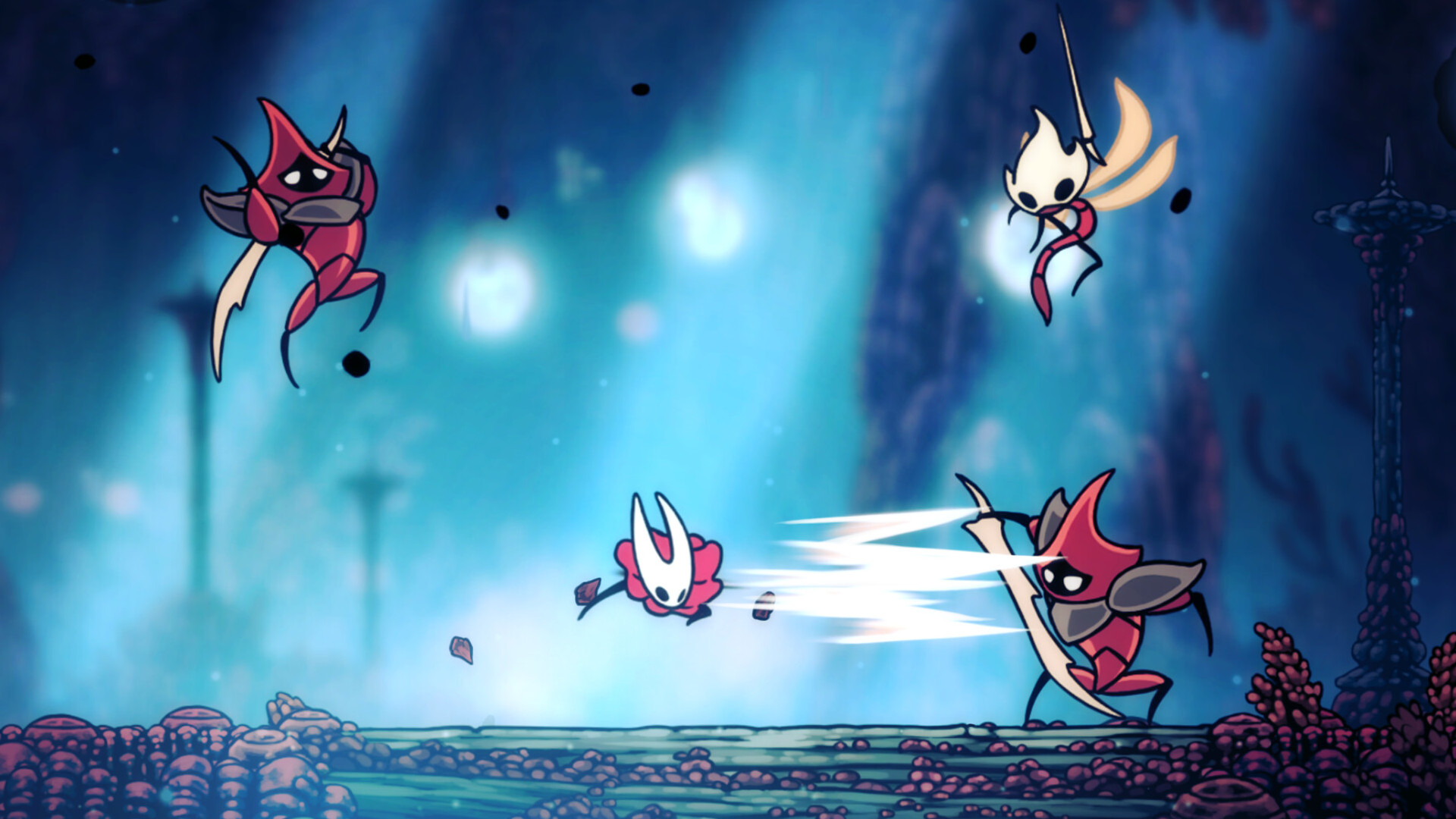 Gameplay scene from Hollow Knight Silksong showing Hornet fighting multiple red-armoured enemies in a glowing blue cavern environment