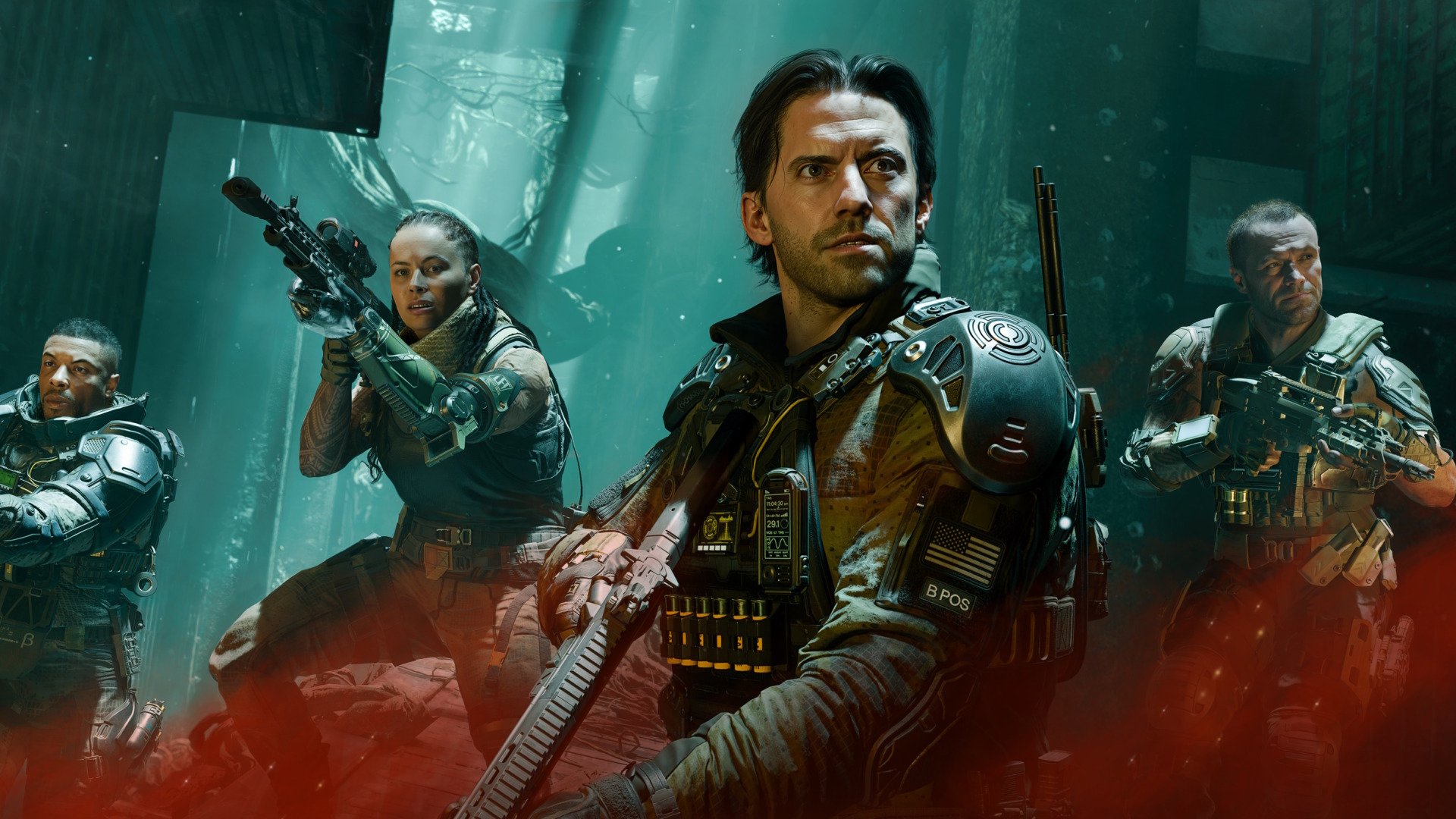 Group of armed soldiers in futuristic combat gear from the Call of Duty franchise, preparing for battle in a cinematic setting