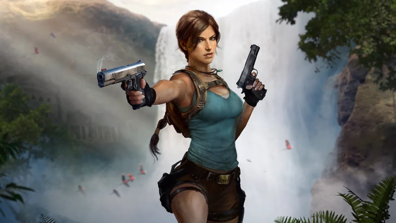 Artwork of Lara Croft aiming two pistols in front of a jungle waterfall backdrop