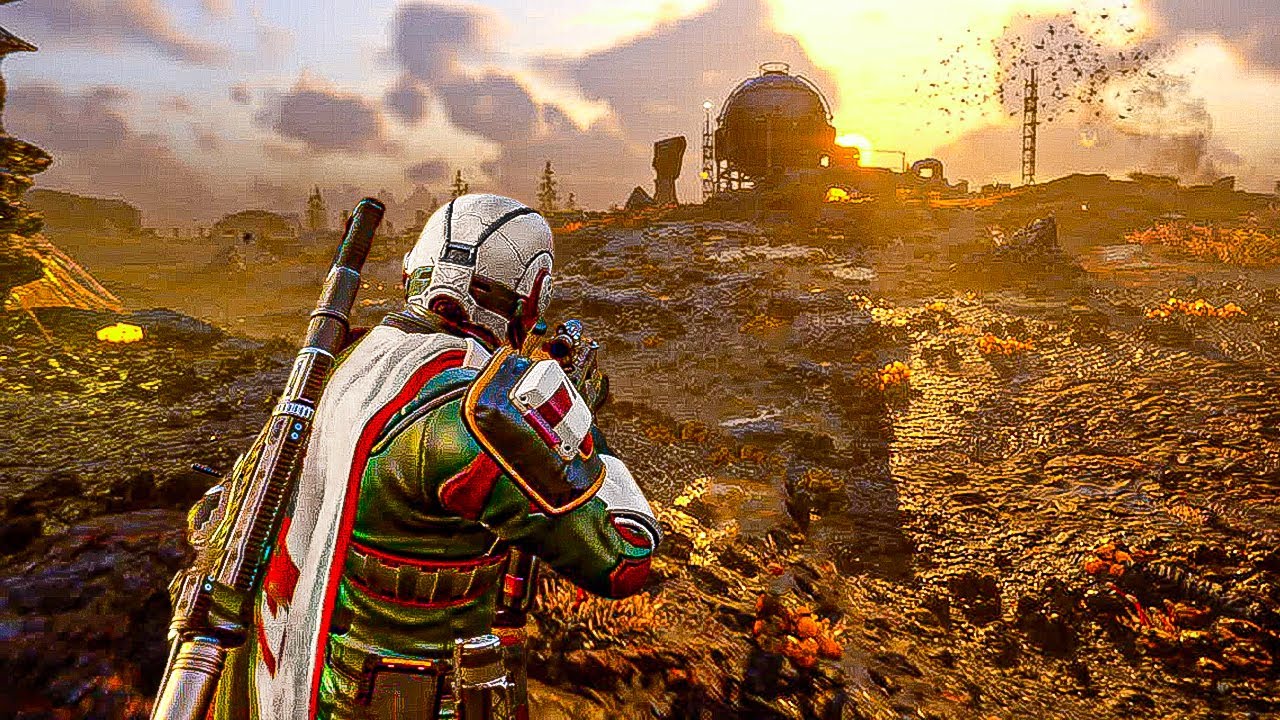 A Helldivers 2 soldier aiming a rifle while exploring a hostile alien landscape at sunset.