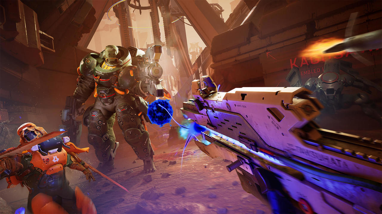 Gameplay screenshot from Metal Eden showing futuristic warriors and machines clashing in a chaotic sci-fi battle