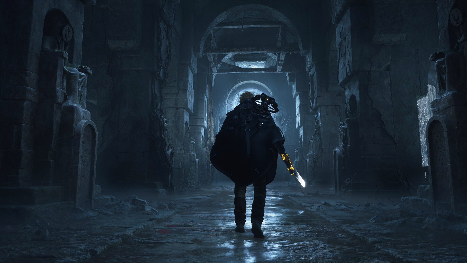Player character walking through a dimly lit stone corridor with a glowing weapon in Hell Is Us
