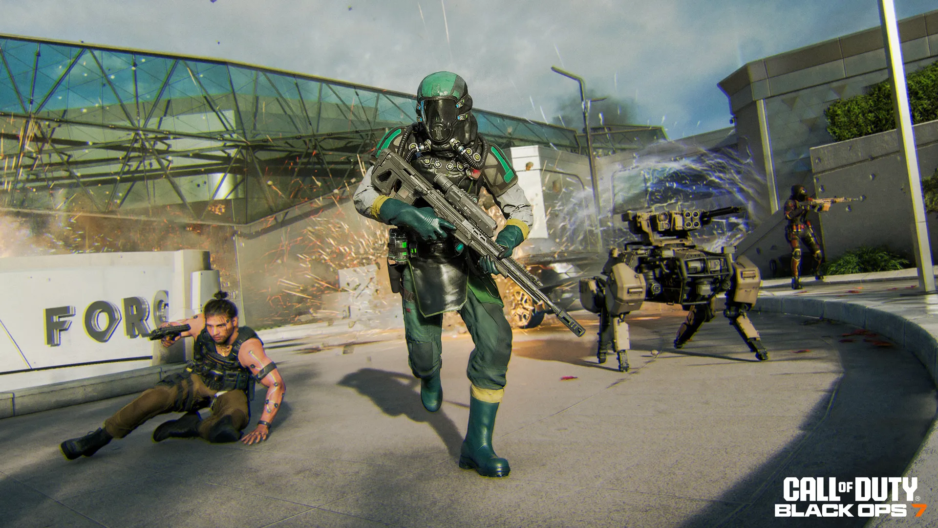 Players battle on the Forge map in Call of Duty: Black Ops 7 beta, showcasing futuristic weapons, operators, and combat action.