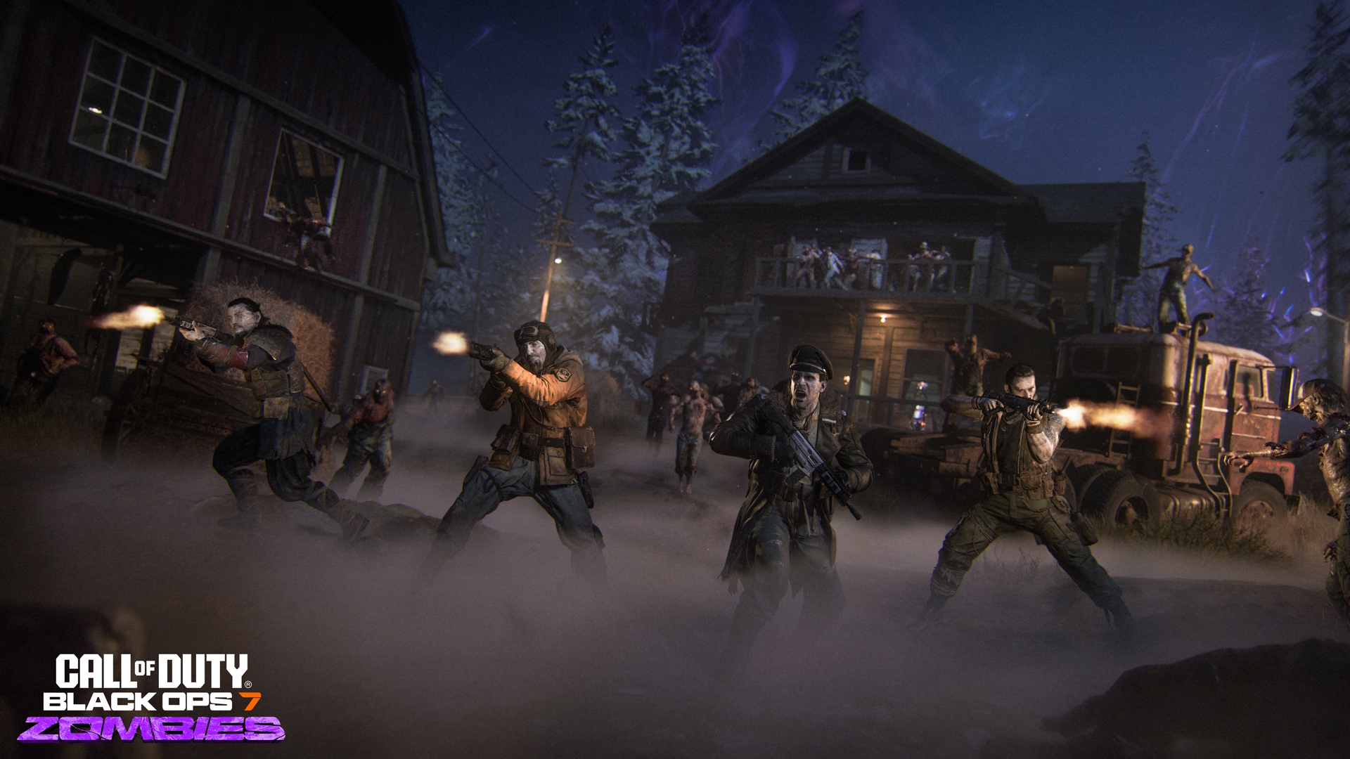 Squad of players fighting waves of undead outside a farmhouse in Call of Duty: Black Ops 7 Zombies beta survival map.