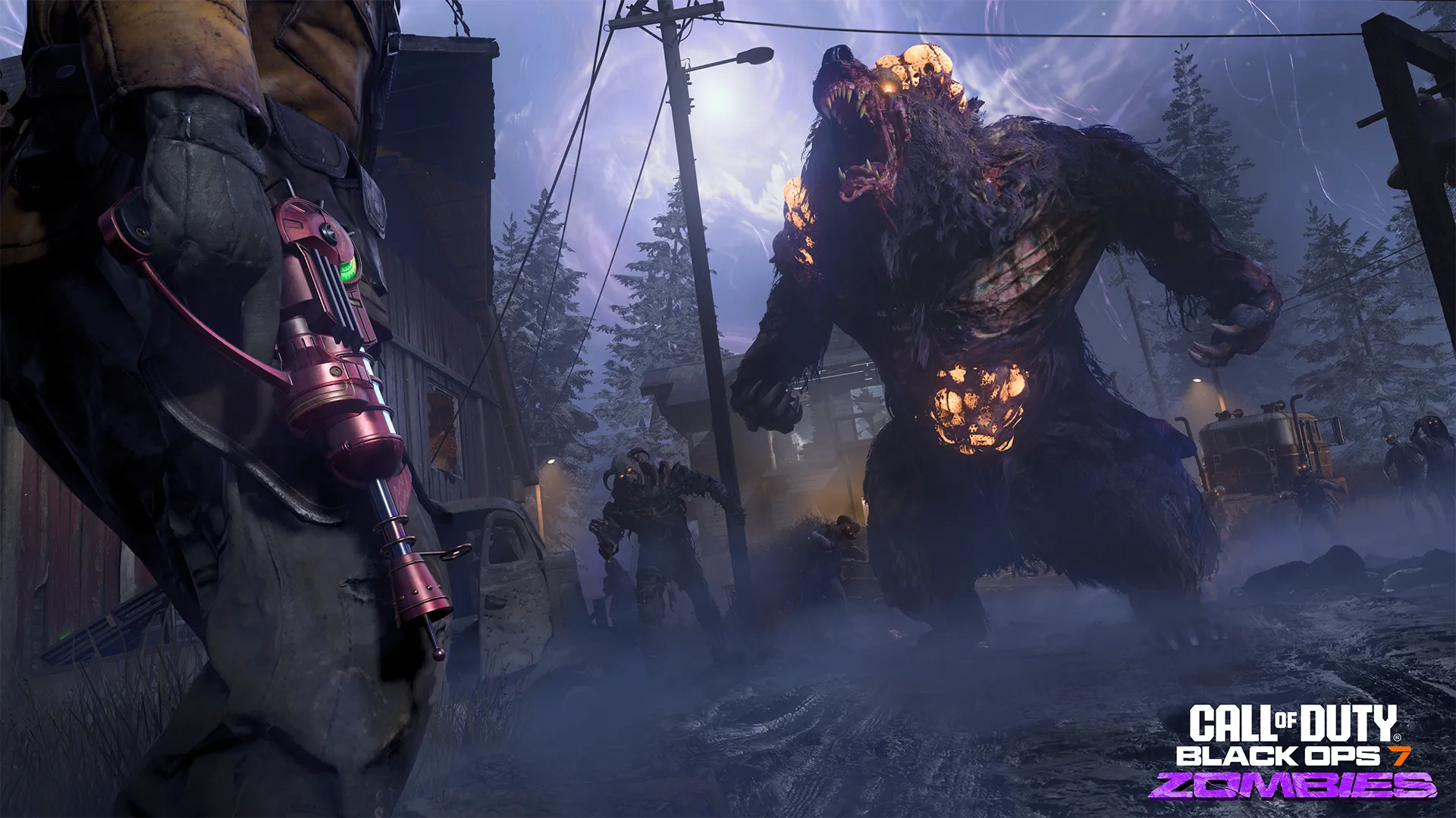 Massive mutated zombie beast charges at players during Black Ops 7 Zombies beta, showing off new enemies and dark atmosphere.