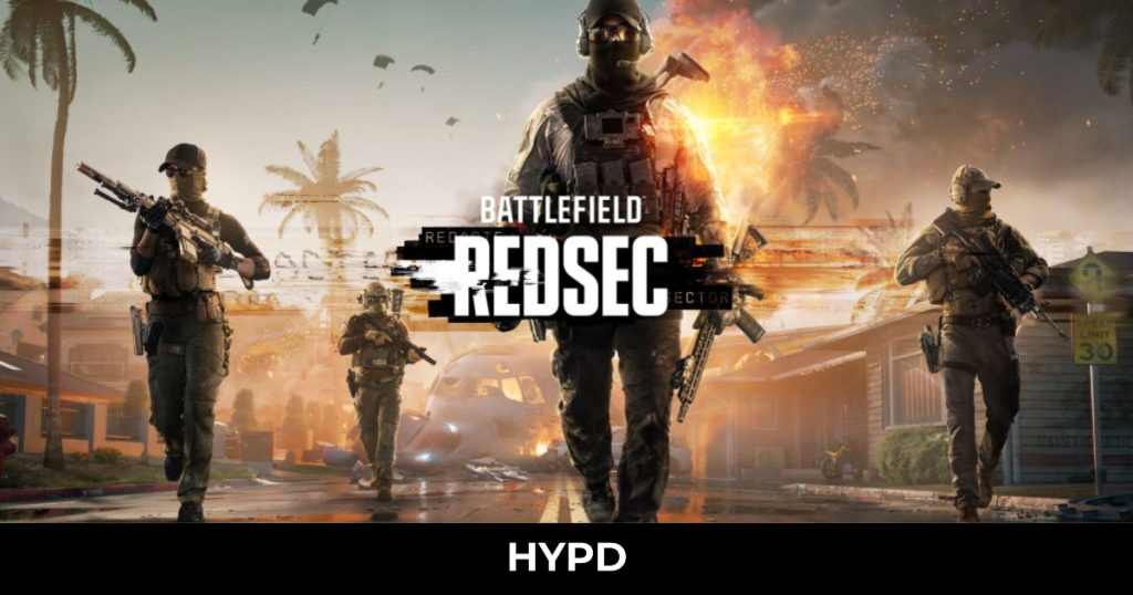 Four armed soldiers advance through a burning suburban battlefield in Battlefield 6’s Redsec Battle Royale mode, promoting the launch of Season One.