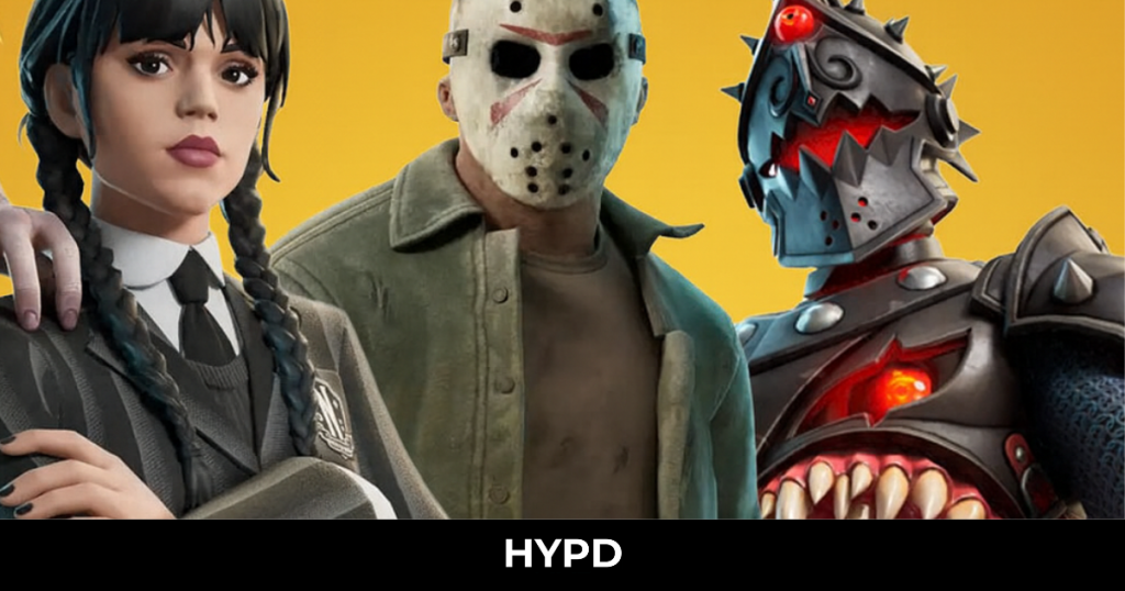 Fortnitemares 2025 characters including Wednesday Addams, Jason Voorhees, and a menacing armoured creature against a bright background.