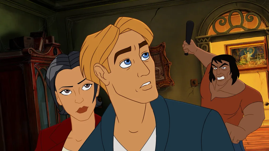 Animated scene from Broken Sword: The Serpent’s Curse Reforged showing George Stobbart and Nico Collard facing danger inside a mysterious building.
