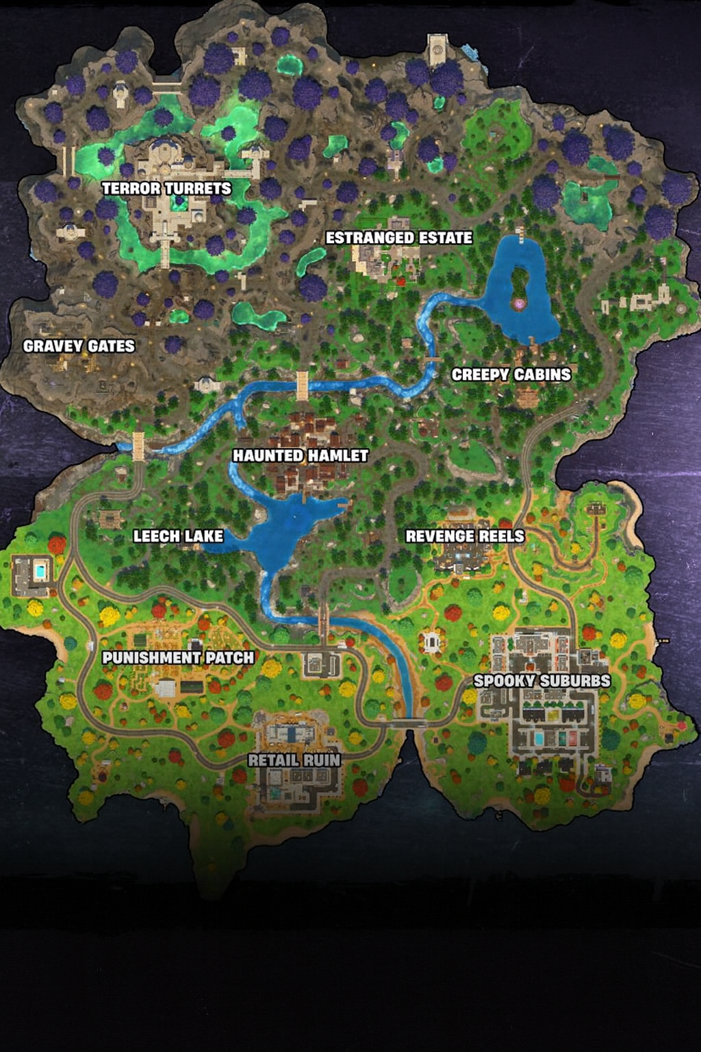 Detailed map of Fortnite’s Fortnitemares 2025 event showing Nitemare Island with named haunted locations including Terror Turrets, Haunted Hamlet, and Spooky Suburbs.