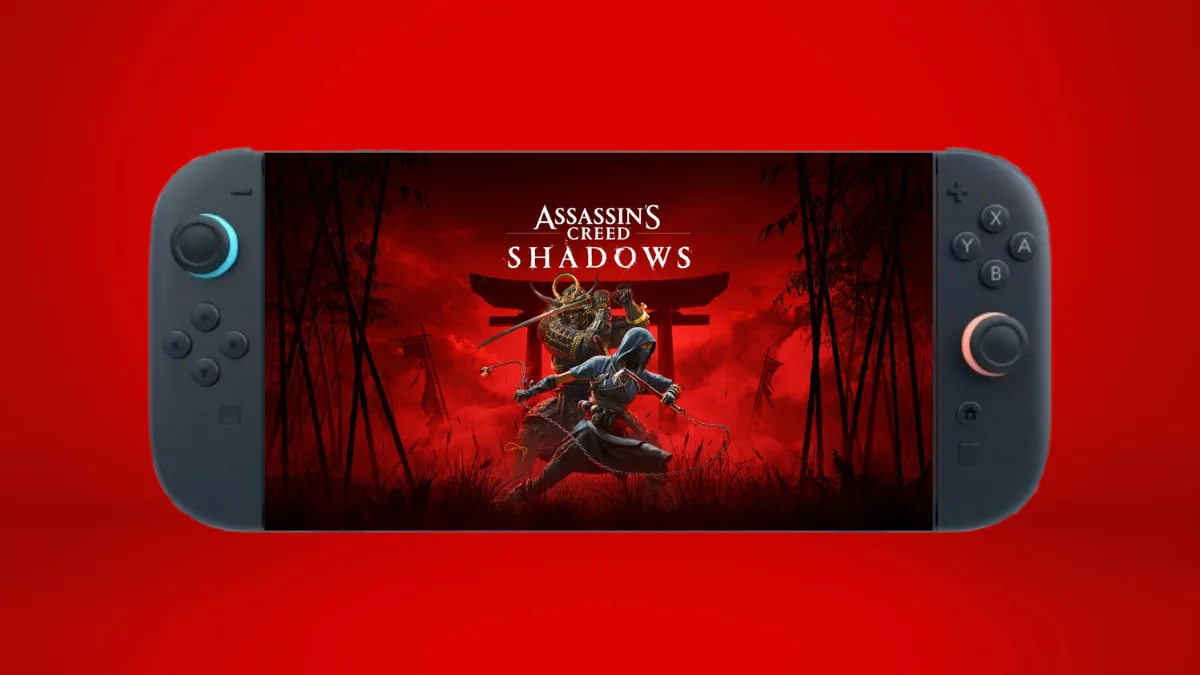 Assassin’s Creed Shadows displayed on Nintendo Switch 2 hardware, showcasing the feudal Japan setting and upcoming console capabilities