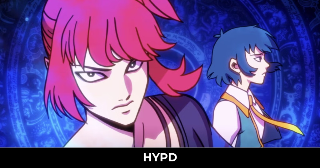 Anime-styled Demonschool characters standing back-to-back with glowing blue magical symbols in the background