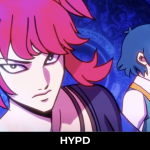 Anime-styled Demonschool characters standing back-to-back with glowing blue magical symbols in the background