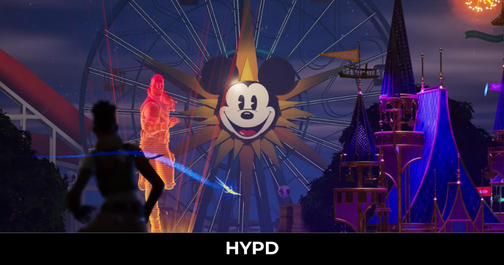 A Fortnite player explores Disneyland’s 70th anniversary world featuring Mickey Mouse’s Ferris wheel and holographic characters in a vibrant theme park crossover.