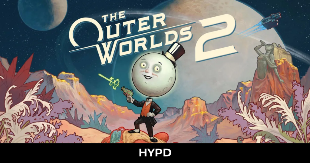 Cartoon-style poster for The Outer Worlds 2 showing the game’s moon-headed mascot in a desert alien landscape under a starry sky.
