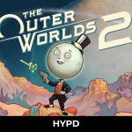 Cartoon-style poster for The Outer Worlds 2 showing the game’s moon-headed mascot in a desert alien landscape under a starry sky.