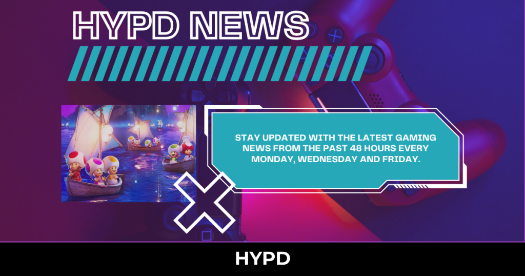 HYPD News graphic promoting gaming world news updates from the past 48 hours, featuring Toad characters sailing and a PlayStation controller backdrop.