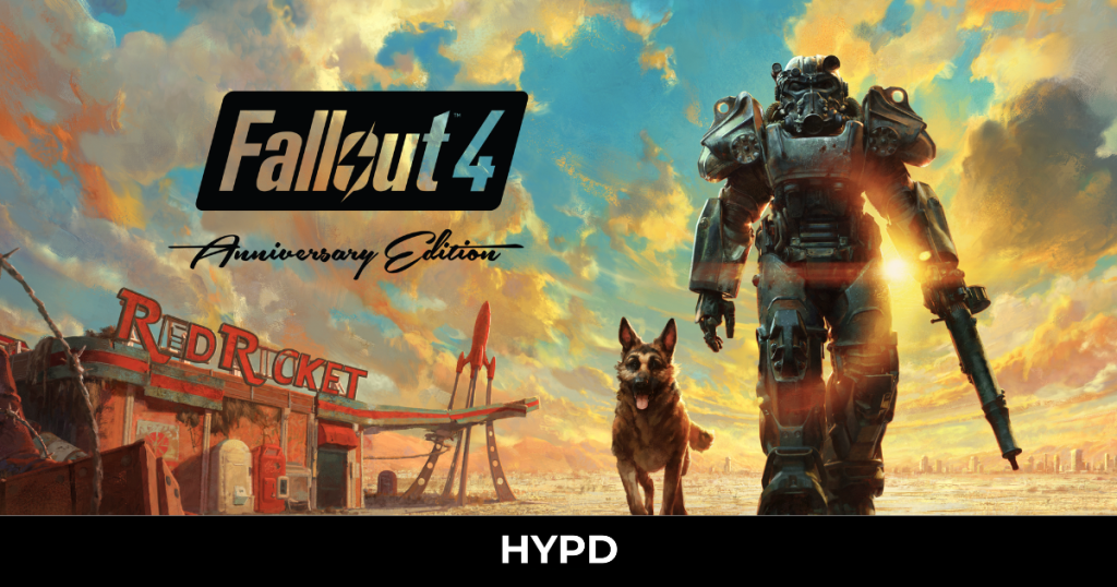 Power-armoured Sole Survivor and Dogmeat walking through the wasteland outside Red Rocket in the Fallout 4 Anniversary Edition artwork.