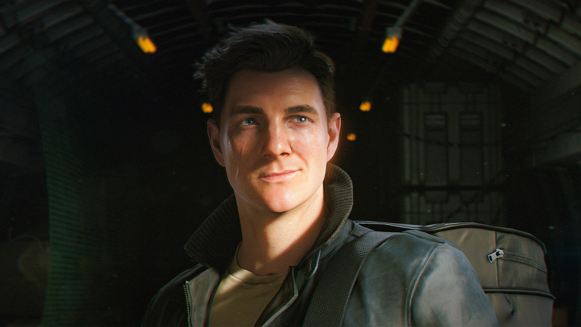 A detailed cinematic render of a male character in a leather jacket standing inside a dimly lit aircraft hangar, featured in the game 007 First Light.
