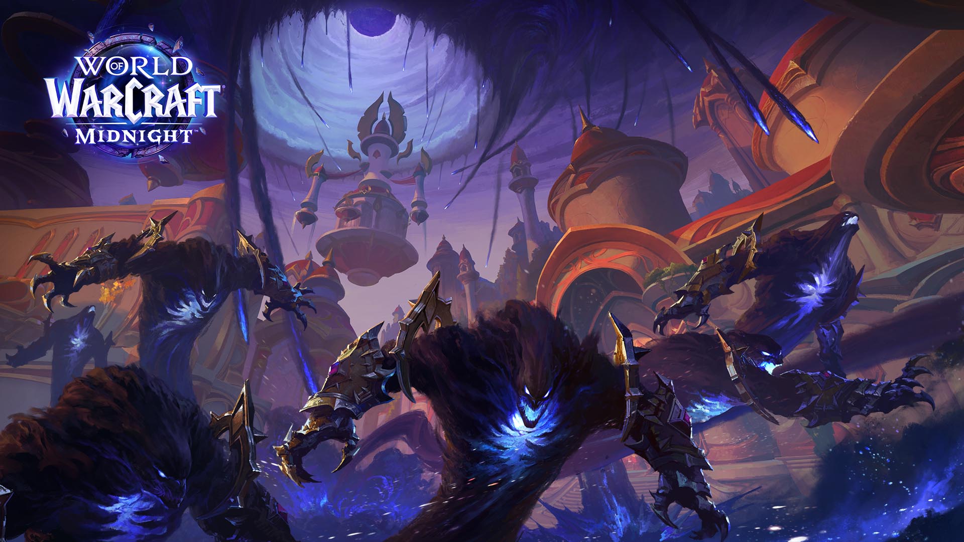 World of Warcraft Midnight expansion artwork showing shadowy creatures invading a mystical city ahead of the March 2026 release