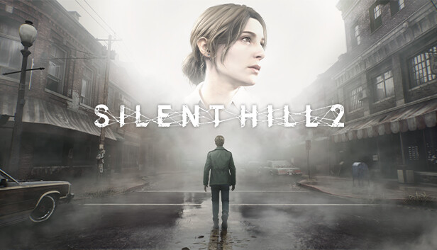 Fog-covered street scene from Silent Hill 2 Remake showing the main character facing away and a woman’s face in the mist, symbolising the game’s haunting atmosphere.