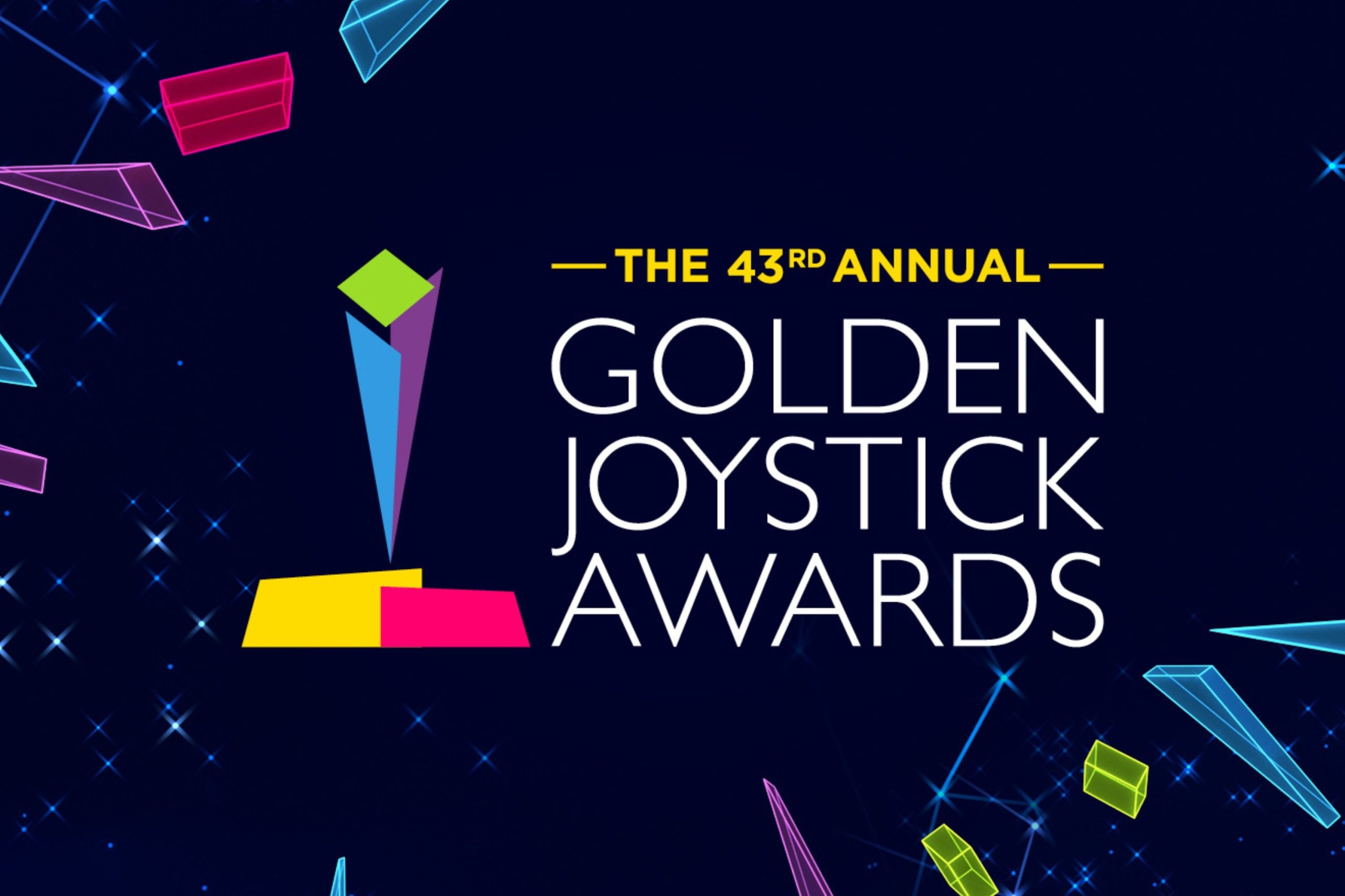 Official logo for the 43rd Annual Golden Joystick Awards 2025, featuring a colourful geometric trophy design on a dark starry background.
