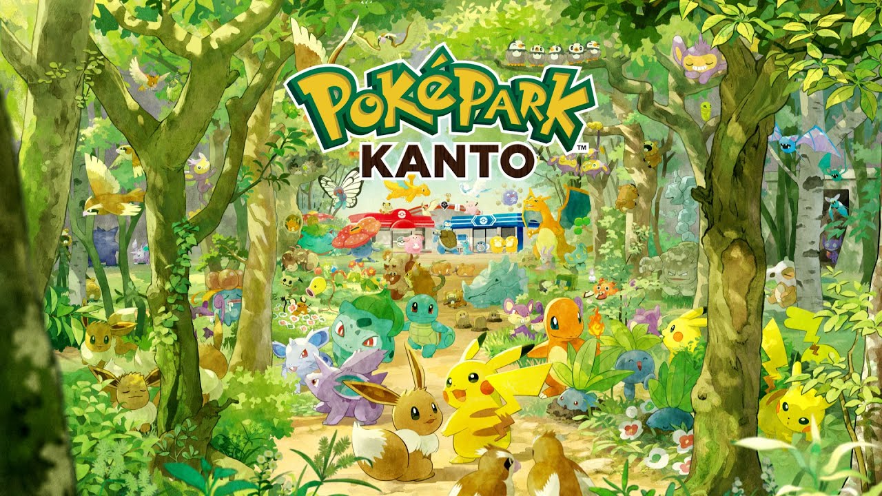 Colourful illustration of Pokémon like Pikachu, Eevee, Charmander, and Bulbasaur exploring a lush forest, promoting Japan’s new PokéPark Kanto theme park.