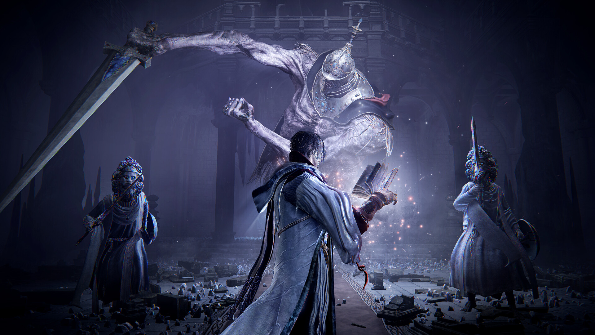 A cloaked warrior faces a colossal armoured boss in a dark cathedral, showcasing the intense combat and atmosphere of Elden Ring: Nightreign – The Forsaken Hollows DLC.