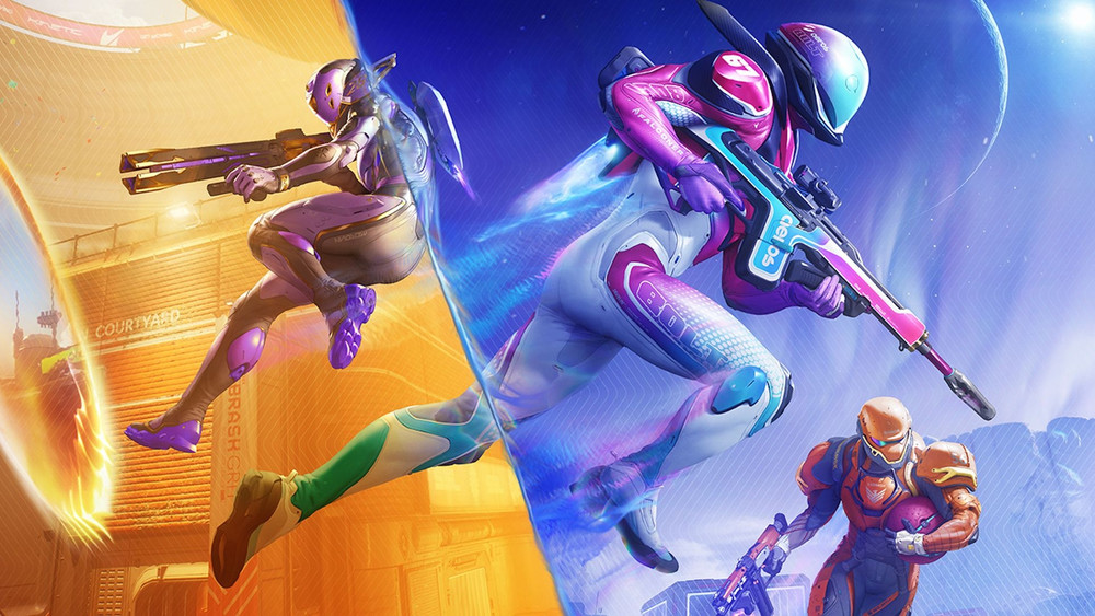 Futuristic characters using portal mechanics and sci-fi weapons in Splitgate 2, highlighting fast-paced multiplayer combat