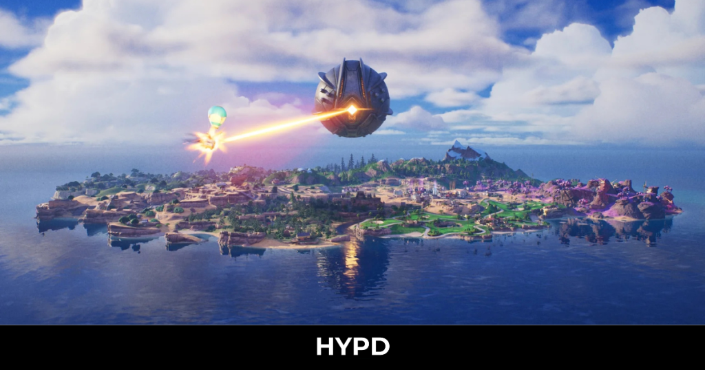 A Fortnite Chapter 7 Pacific Break island scene with a giant hovering device firing a laser at a supply balloon above the new tropical map.