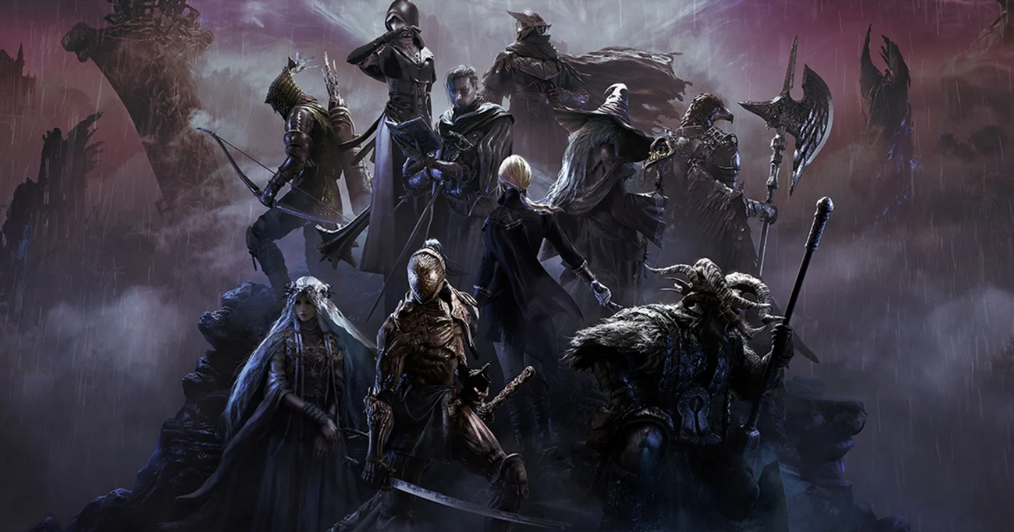 Promotional artwork for Elden Ring Nightreign showing a group of dark fantasy warriors in dramatic armour standing together in a stormy, atmospheric setting, representing the game’s challenging DLC content