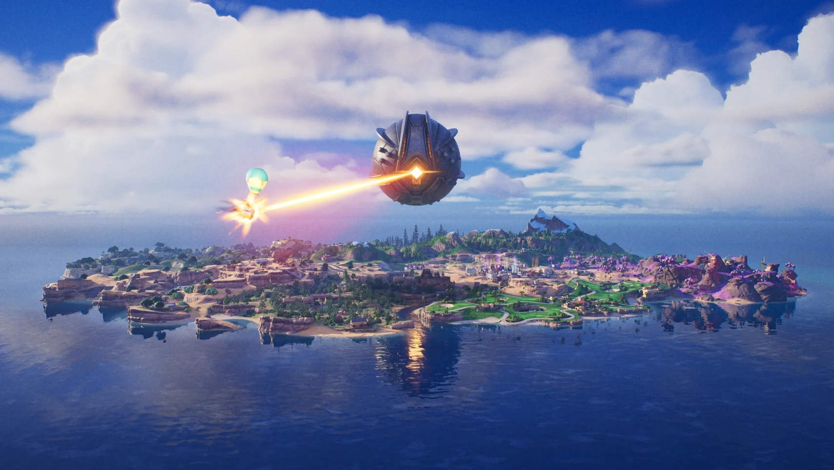 Fortnite Chapter 7 Pacific Break island showing a floating structure firing a laser over the map during a live in-game event