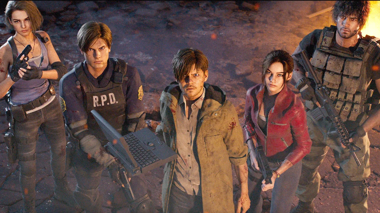 Resident Evil Survival Unit characters including Leon and Claire shown with intense expressions in a dramatic character reveal image
