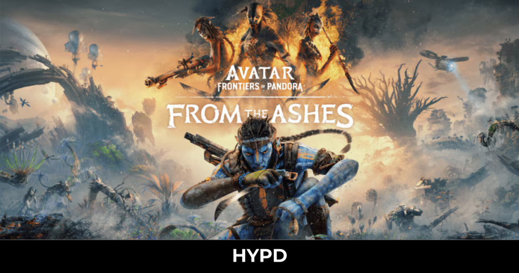 Key art for Avatar: Frontiers of Pandora – From the Ashes showing a Na’vi warrior emerging from smoke and fire in a battle-scarred Pandora landscape