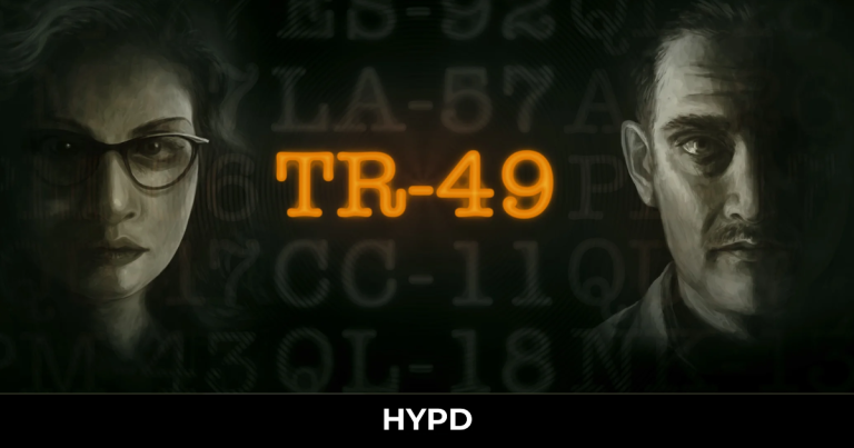 TR-49 review cover image showing two characters facing each other with glowing TR-49 title, representing the game’s tactical sci-fi tone