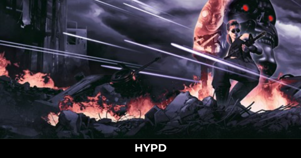Stylised artwork from Terminator 2D: No Fate showing a lone fighter amid futuristic ruins, laser fire, explosions, and looming Terminator imagery in a retro 2D action style
