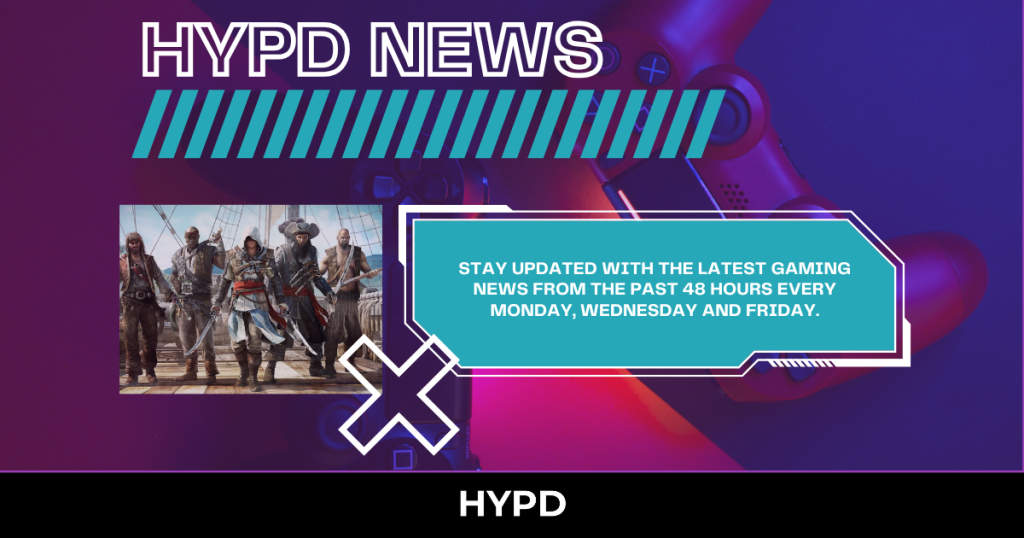 HYPD News graphic promoting the latest gaming news highlights from the past 48 hours, featuring Assassin’s Creed characters and a PlayStation controller background.