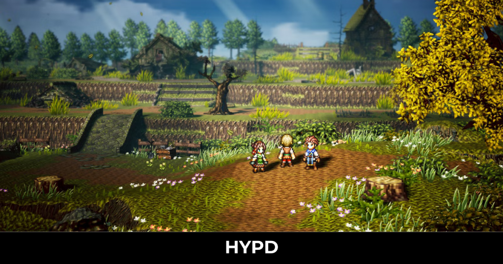 HD-2D countryside scene from Octopath Traveler 0 showing pixel characters exploring a lush fantasy landscape with fields, bridges, and village buildings
