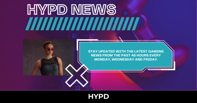 HYPD News graphic featuring Gaming World News highlights from the last 48 hours with Lara Croft imagery and bold neon gaming visuals